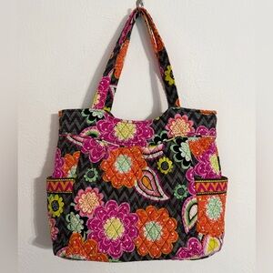 Vera Bradley Pleated Tote, Ziggy Zinnia gray orange pink and mint floral chevron